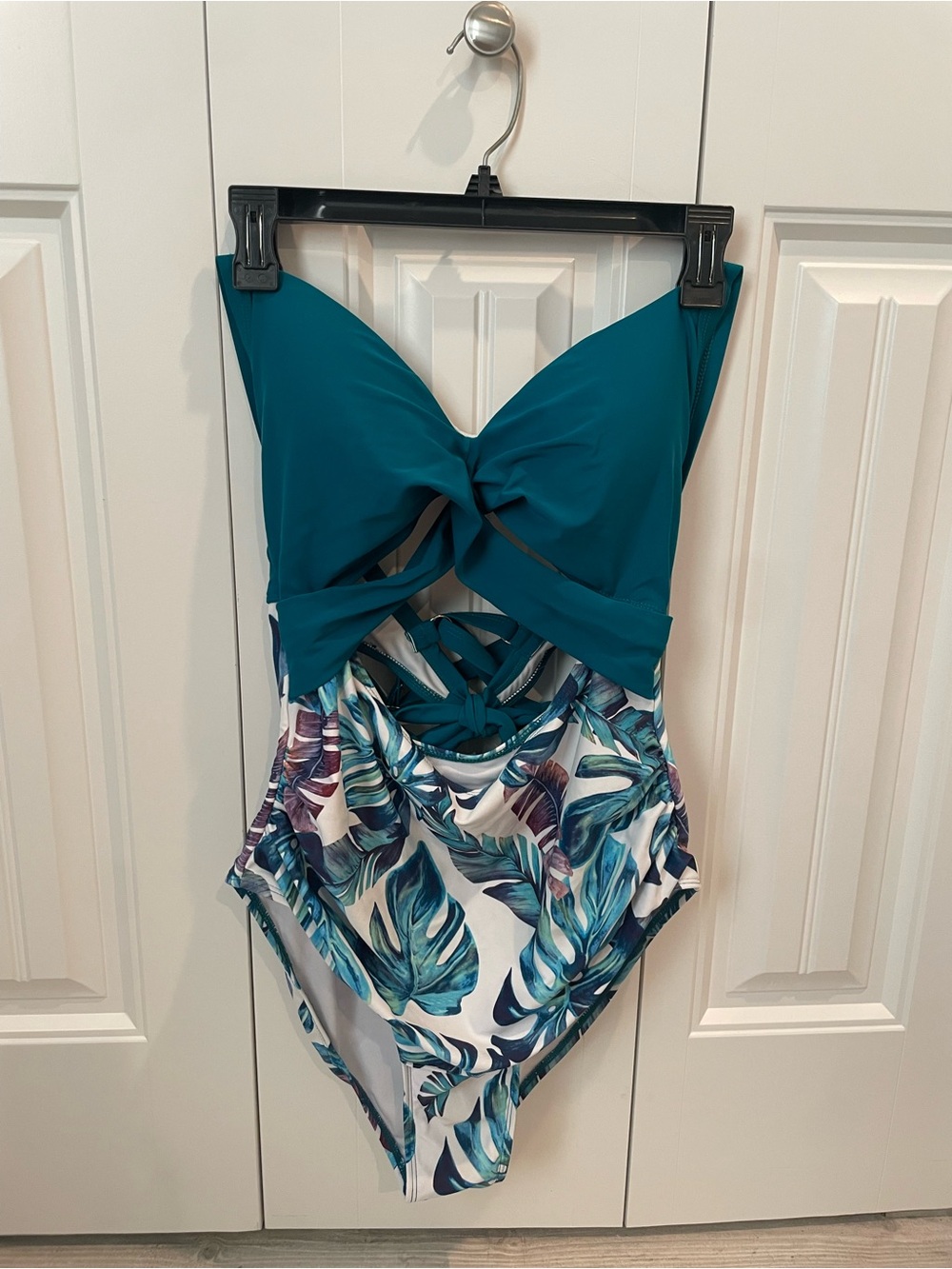 Teal Twist-Front One-Piece Swimsuit with Leaf Print
